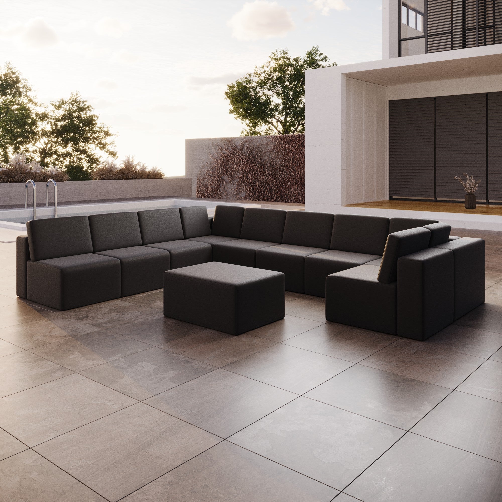 Canapé de jardin modulable Eden U ouvert avec tabouret d'appoint