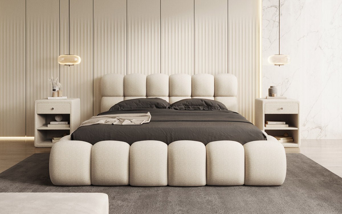 Designer gestoffeerd bed Boston Bouclé met opbergruimte inclusief montage
