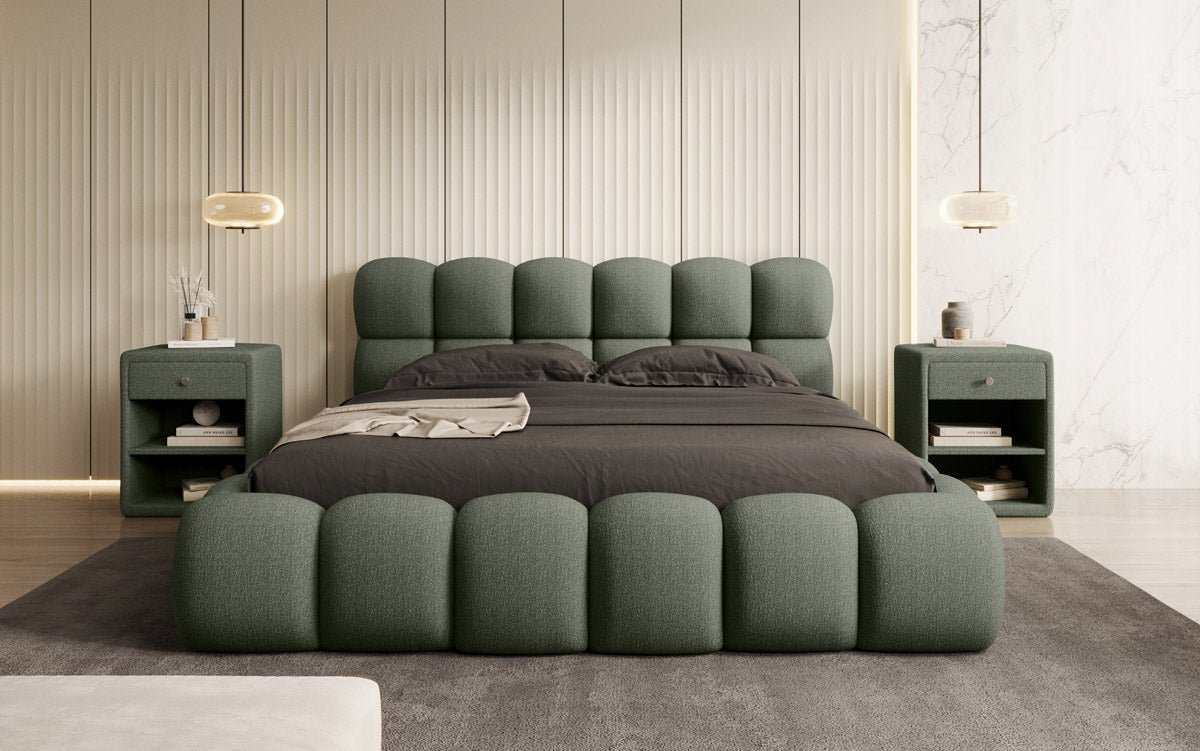 Designer gestoffeerd bed Boston Bouclé met opbergruimte inclusief montage