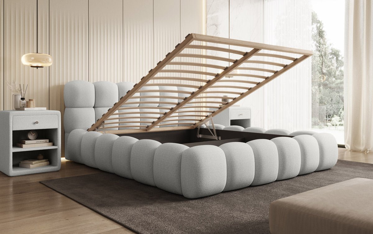 Designer gestoffeerd bed Boston Bouclé met opbergruimte inclusief montage
