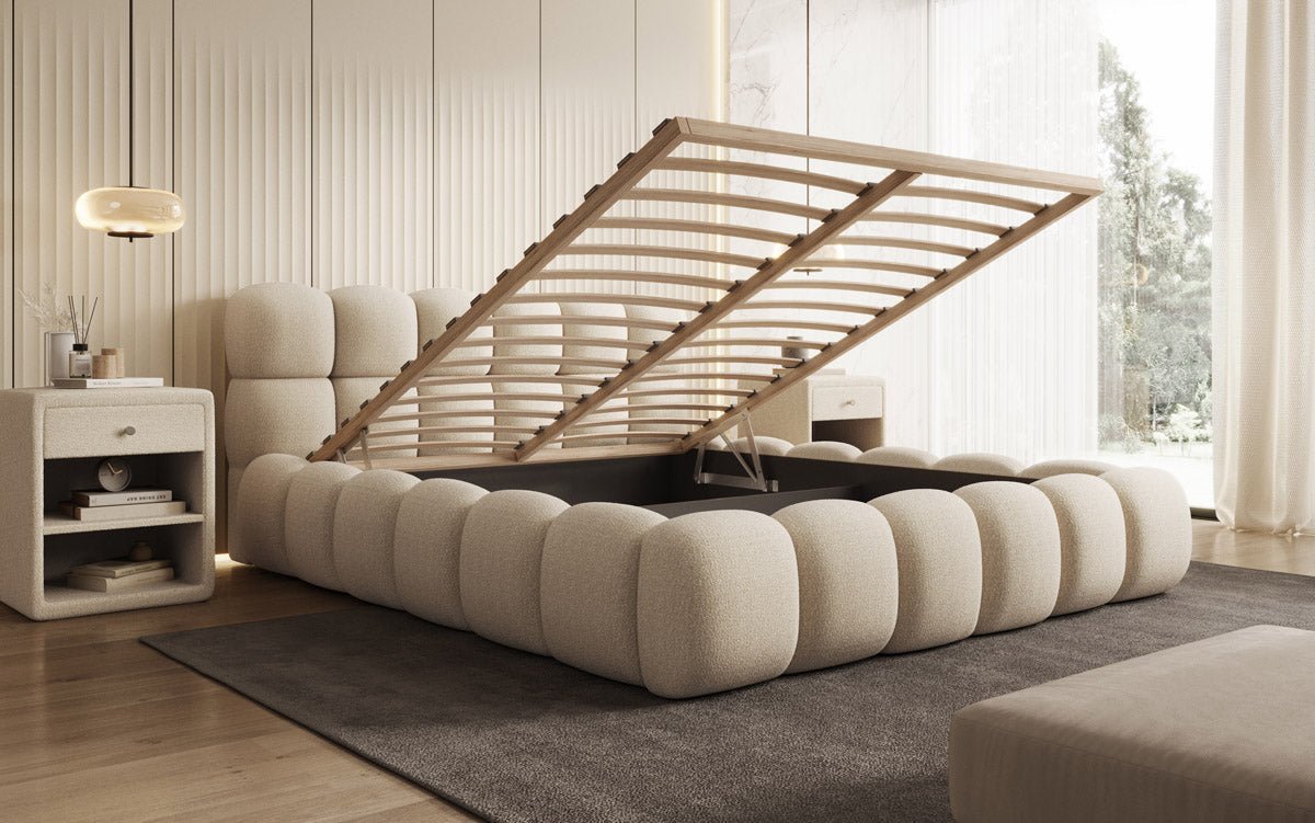 Designer gestoffeerd bed Boston Bouclé met opbergruimte inclusief montage