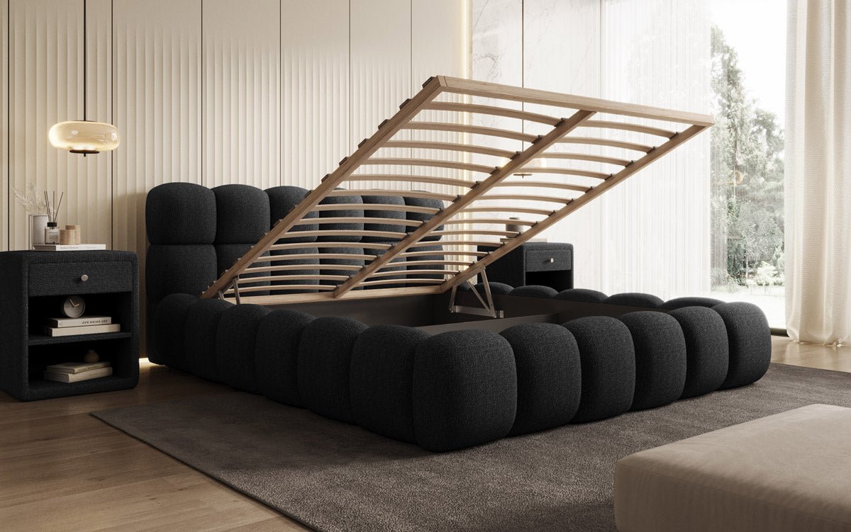 Designer gestoffeerd bed Boston Bouclé met opbergruimte inclusief montage