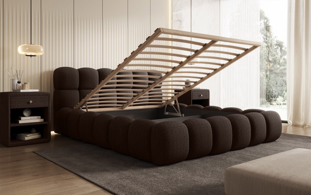 Designer gestoffeerd bed Boston Bouclé met opbergruimte inclusief montage