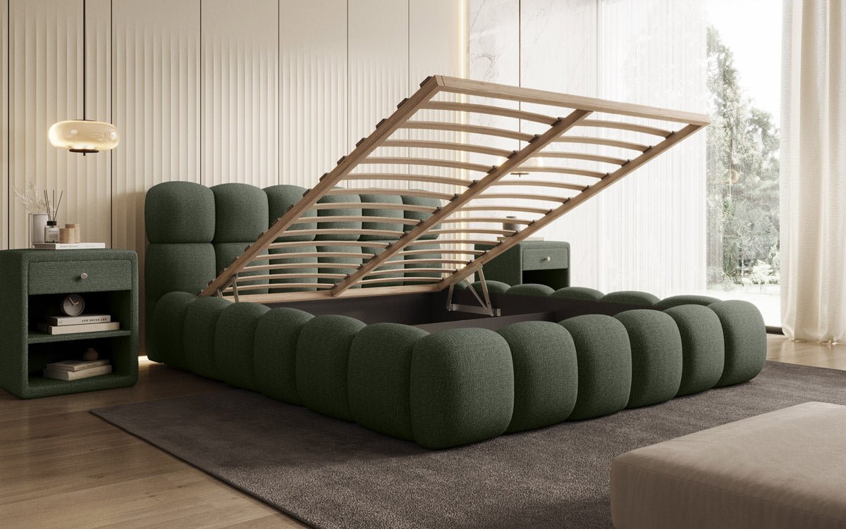 Designer gestoffeerd bed Boston Bouclé met opbergruimte inclusief montage