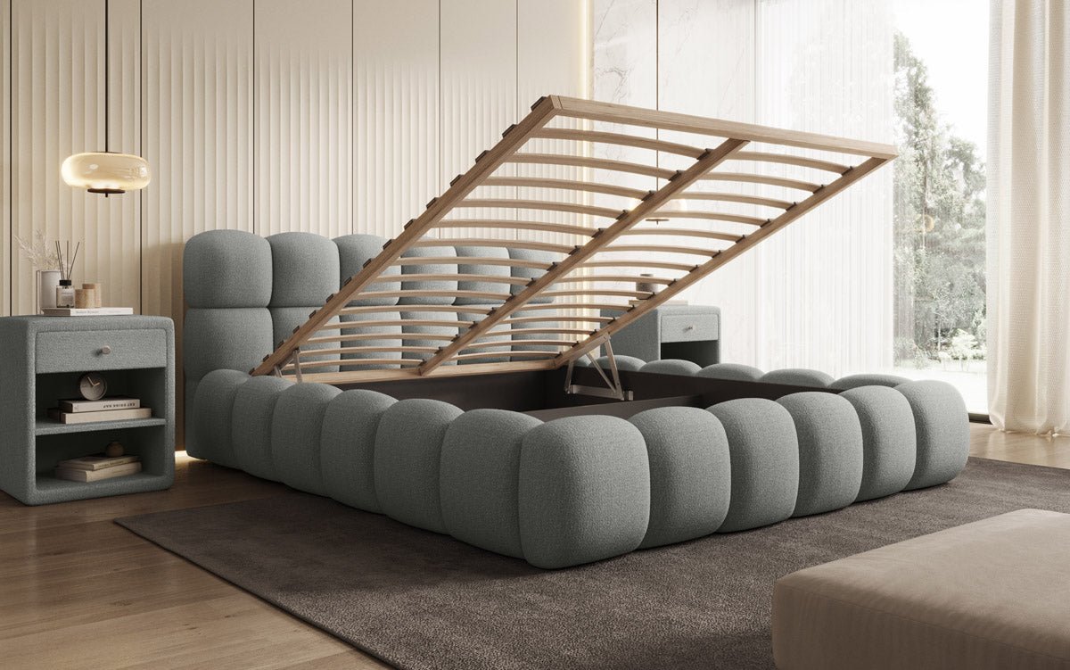 Designer gestoffeerd bed Boston Bouclé met opbergruimte inclusief montage