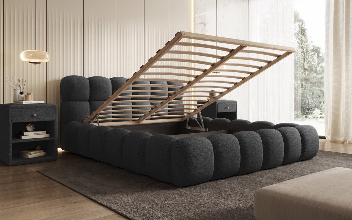 Designer gestoffeerd bed Boston Bouclé met opbergruimte inclusief montage
