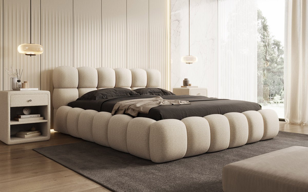Designer gestoffeerd bed Boston Bouclé met opbergruimte inclusief montage
