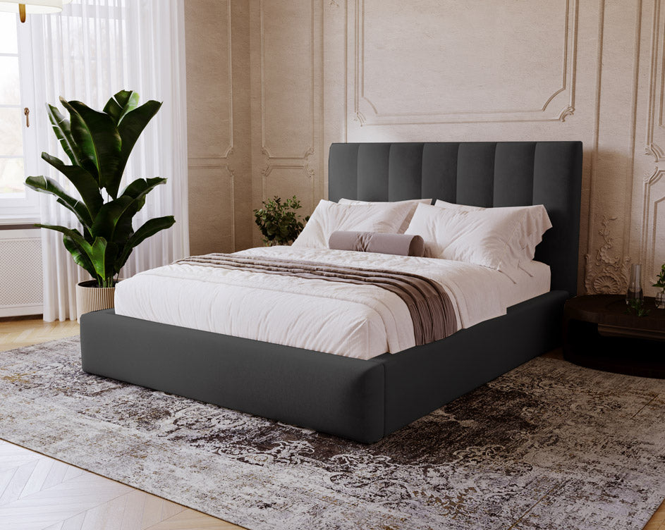 Designer gestoffeerd bed Lunera in fluweel met opbergruimte