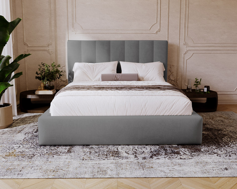 Designer gestoffeerd bed Lunera in fluweel met opbergruimte