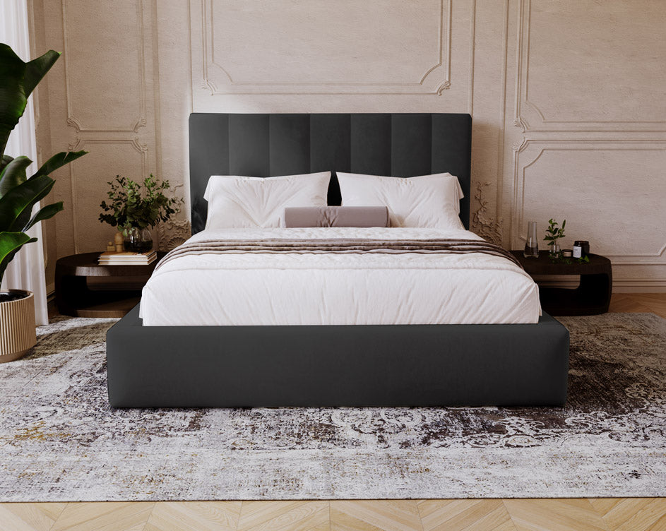 Designer gestoffeerd bed Lunera in fluweel met opbergruimte