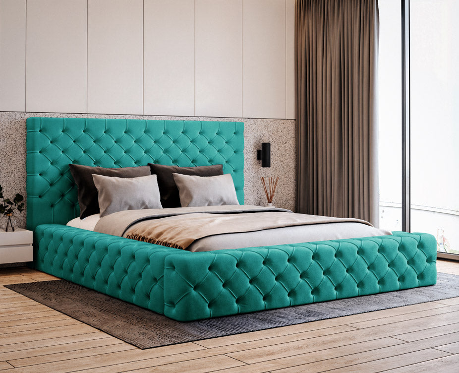 Designer gestoffeerd bed Prestige in fluweel met opbergruimte