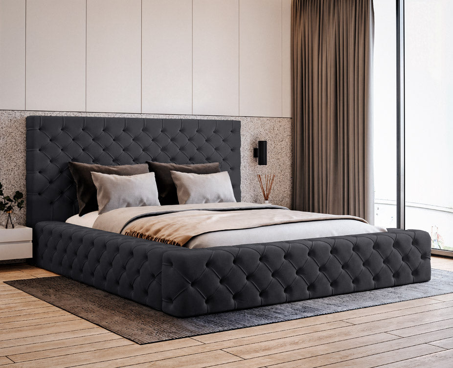 Designer gestoffeerd bed Prestige in fluweel met opbergruimte