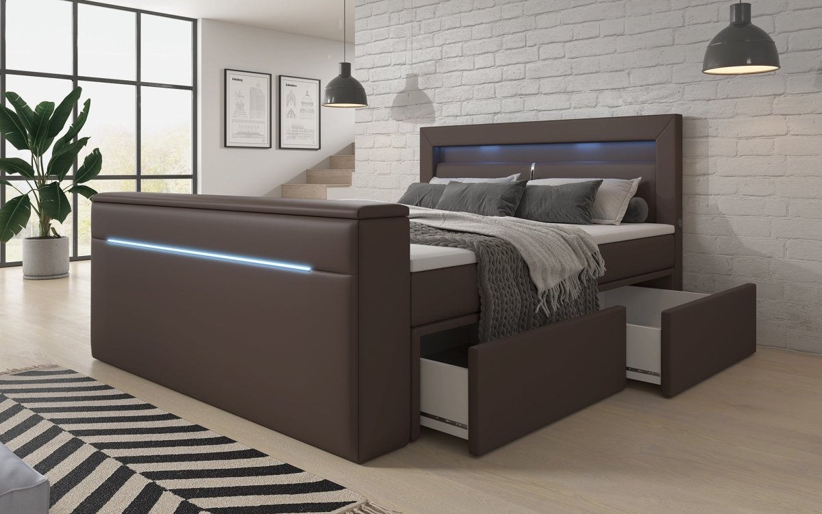 Boxspringbett Rinori mit TV Lift, USB, LED und Stauraum - Luxusbetten24