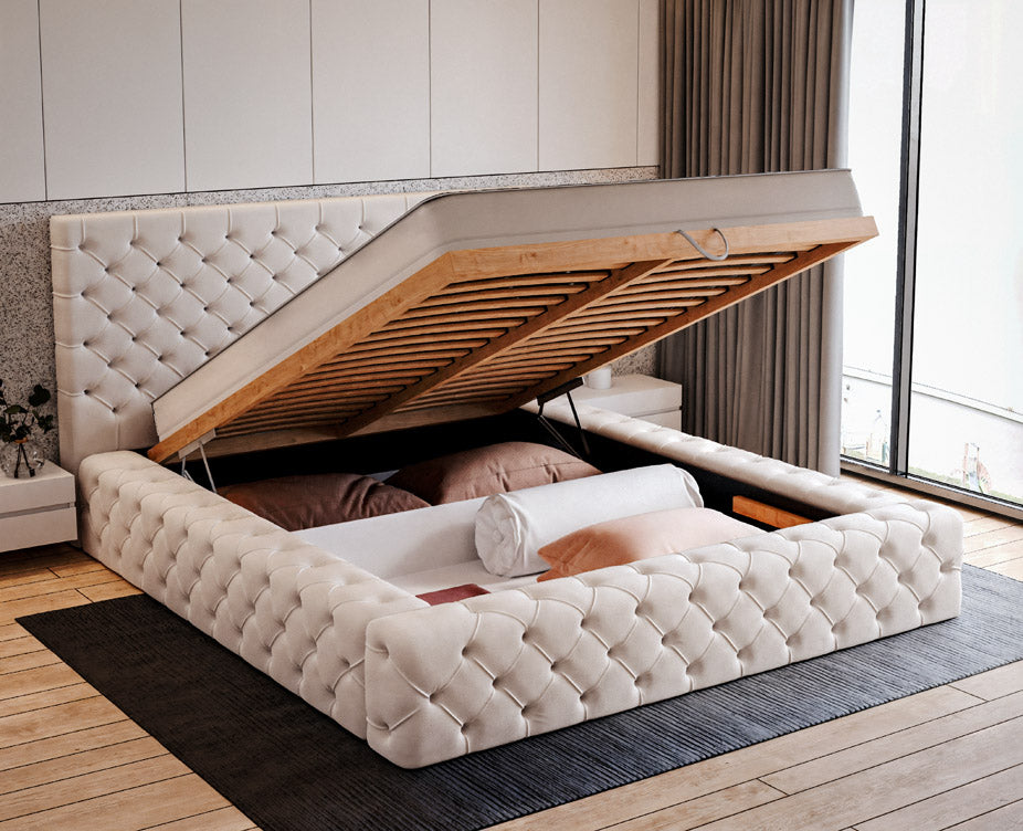 Designer gestoffeerd bed Prestige in fluweel met opbergruimte