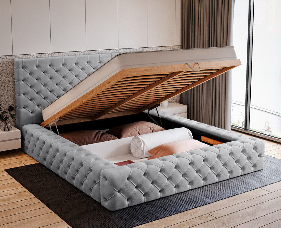 Designer gestoffeerd bed Prestige in fluweel met opbergruimte