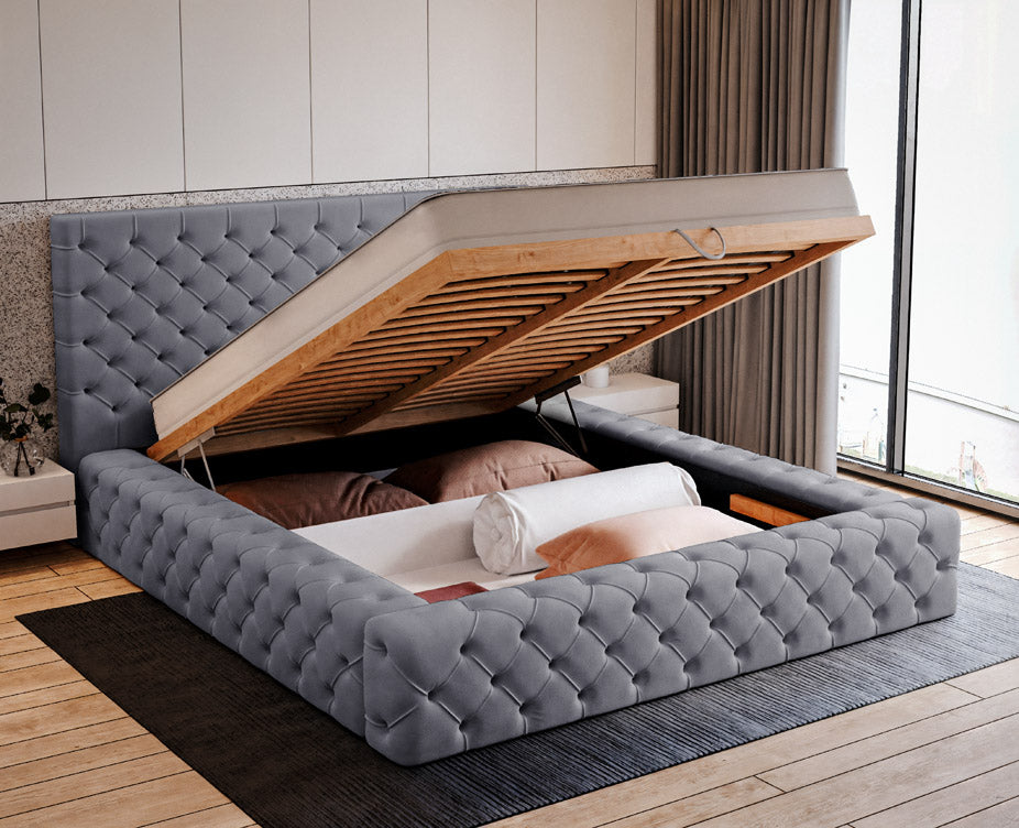 Designer gestoffeerd bed Prestige in fluweel met opbergruimte