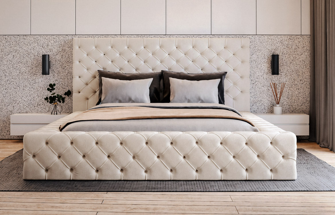 Designer gestoffeerd bed Prestige in fluweel met opbergruimte