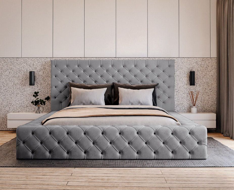 Designer gestoffeerd bed Prestige in fluweel met opbergruimte