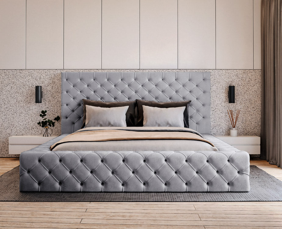 Designer gestoffeerd bed Prestige in fluweel met opbergruimte