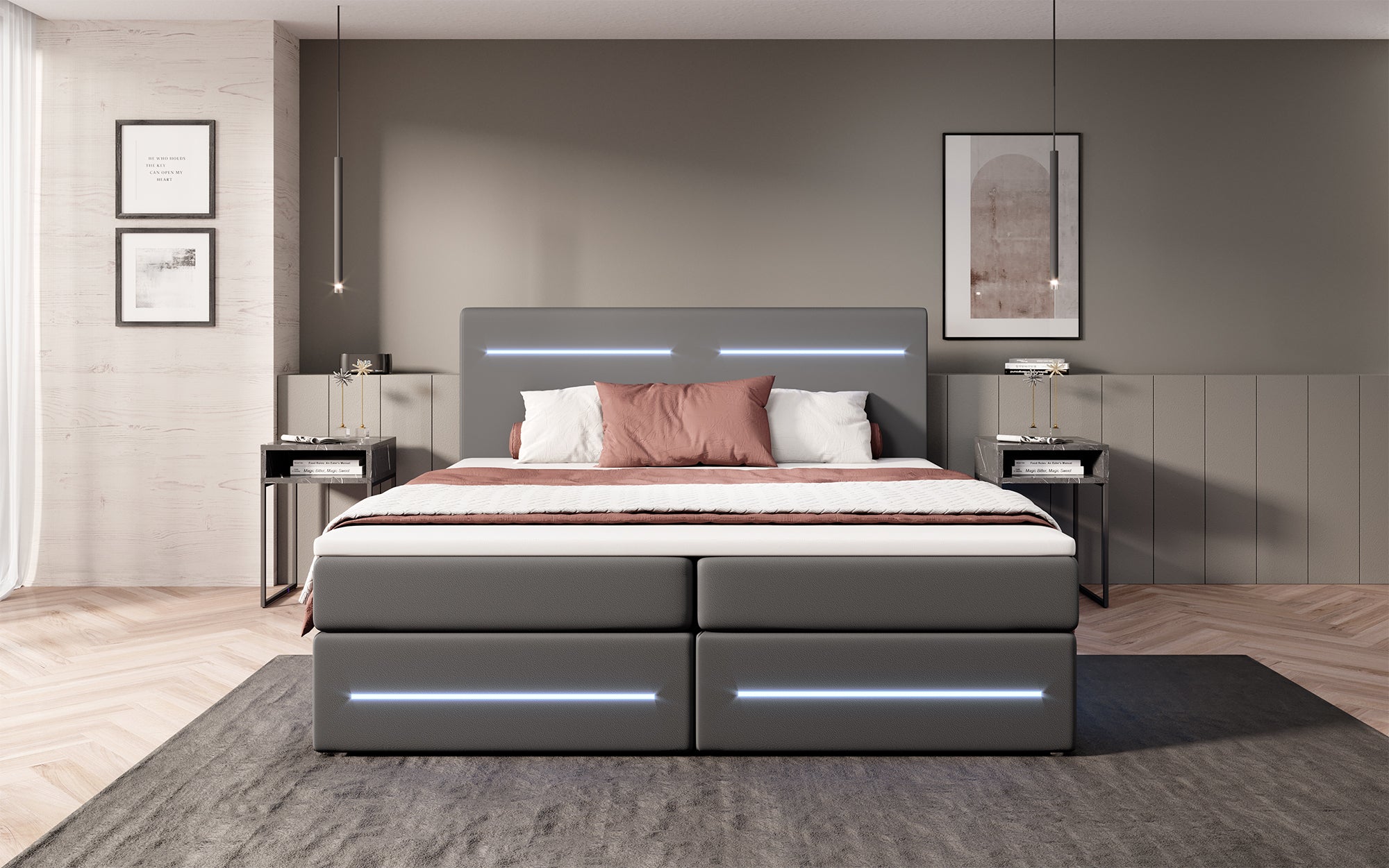 Evelyn boxspringbed met opbergruimte en LED (kunstleer)