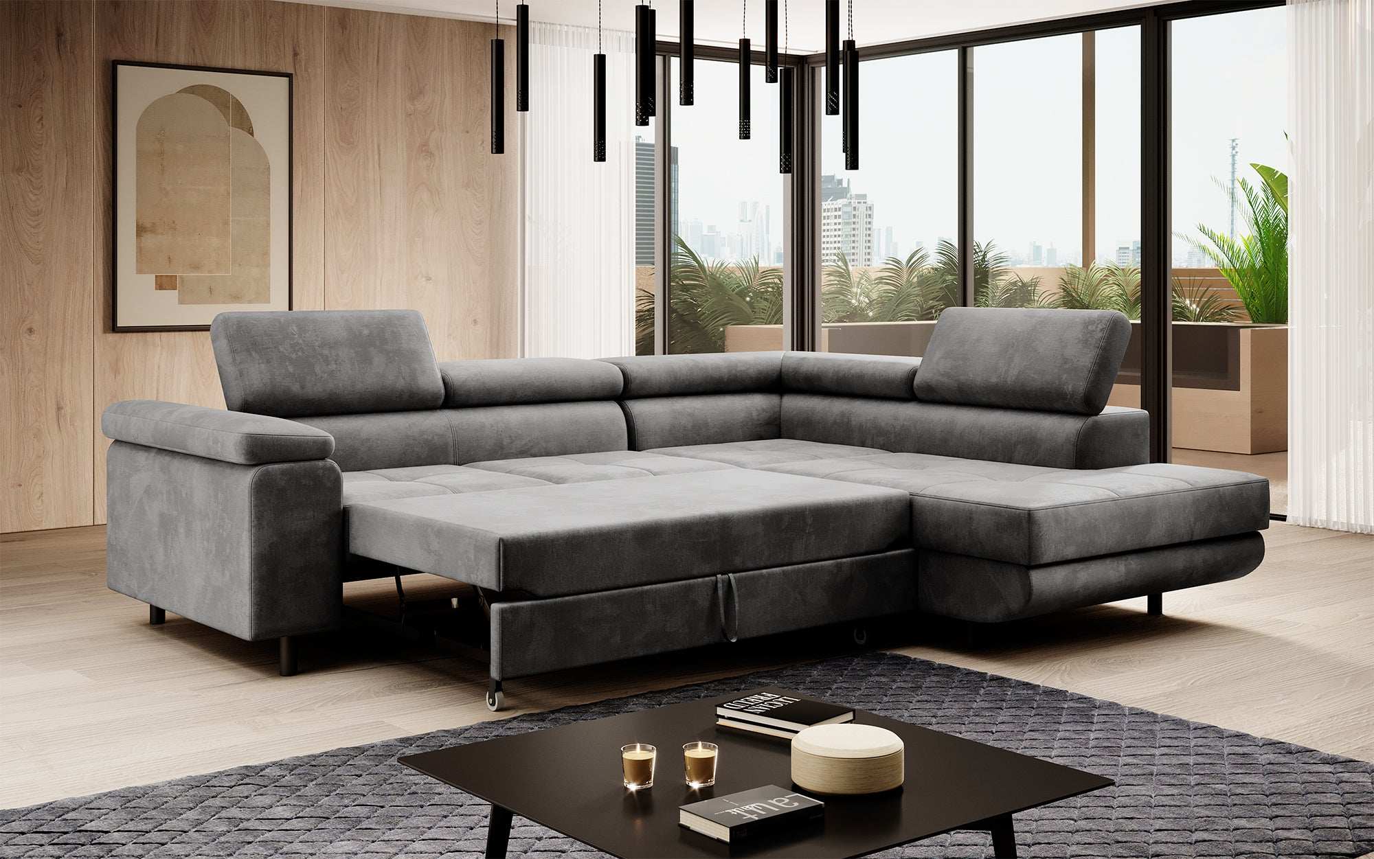 Designer Sofa Costa mit Schlaf - und Klappfunktion aus Samt