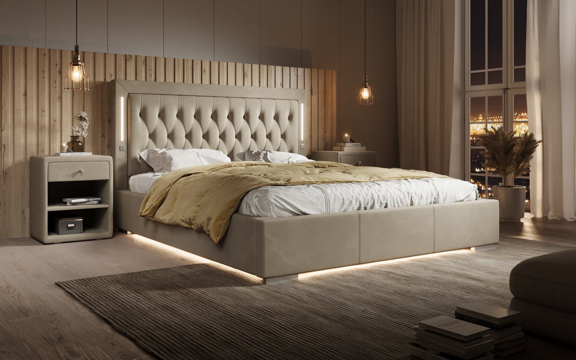 Designer gestoffeerd bed Relina inclusief RGB, USB en opbergruimte