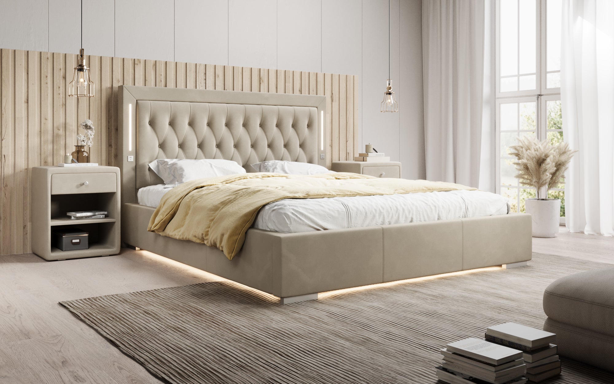 Designer gestoffeerd bed Relina inclusief RGB, USB en opbergruimte