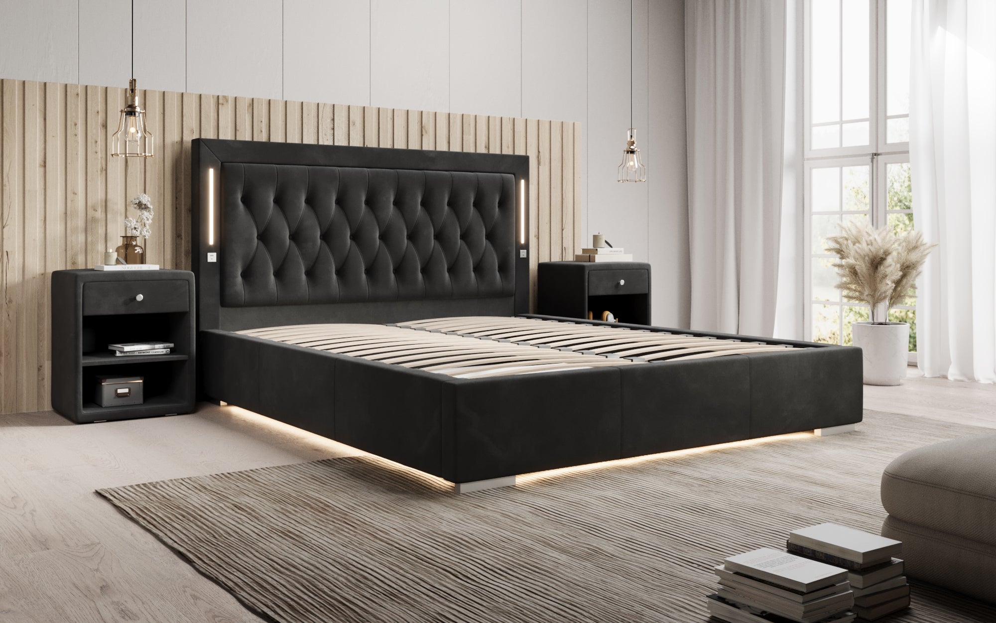 Designer gestoffeerd bed Relina inclusief RGB, USB en opbergruimte