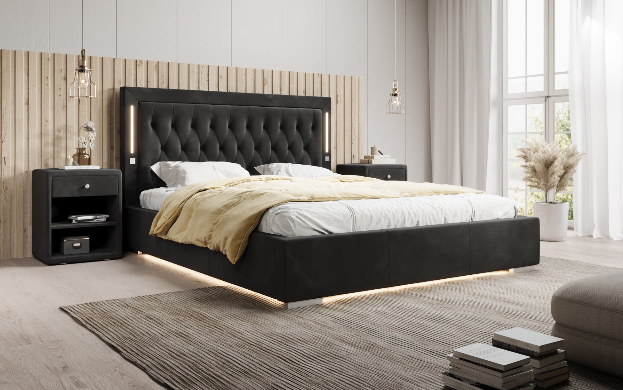 Designer gestoffeerd bed Relina inclusief RGB, USB en opbergruimte