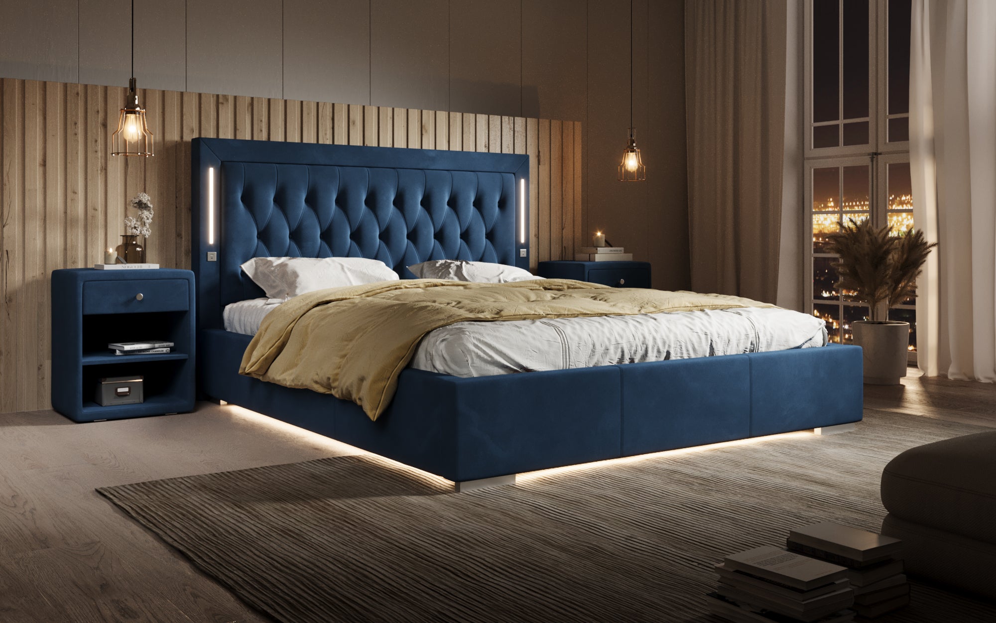 Designer gestoffeerd bed Relina inclusief RGB, USB en opbergruimte