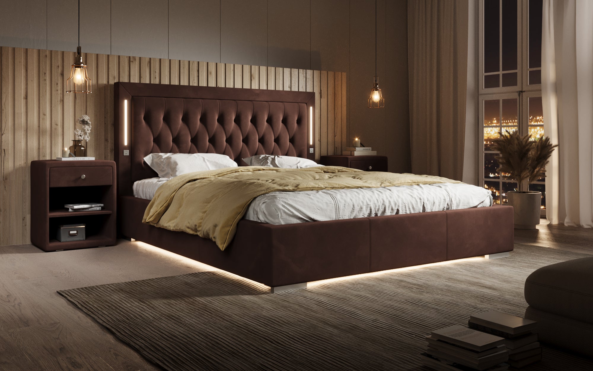 Designer gestoffeerd bed Relina inclusief RGB, USB en opbergruimte