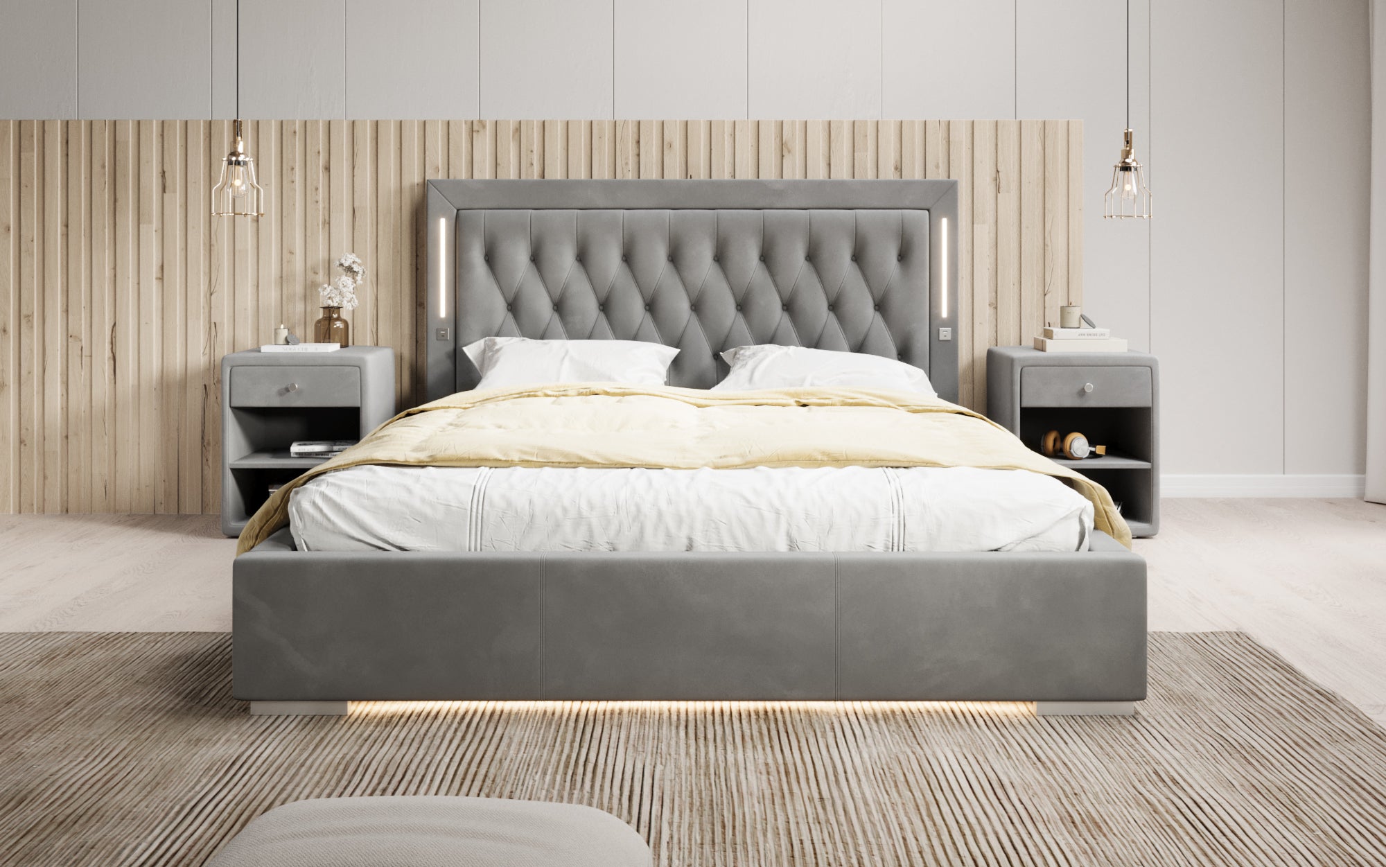 Designer gestoffeerd bed Relina inclusief RGB, USB en opbergruimte