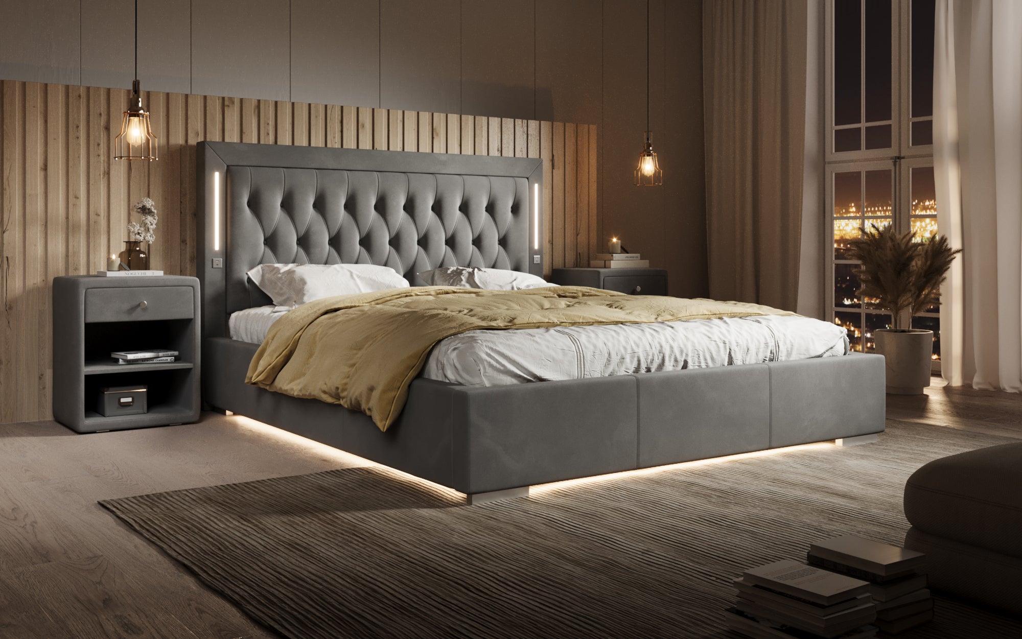 Designer gestoffeerd bed Relina inclusief RGB, USB en opbergruimte