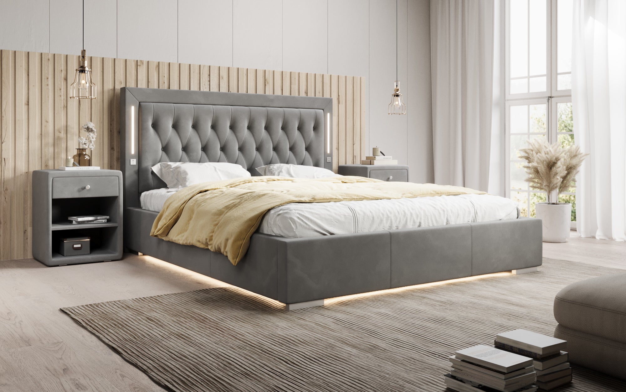 Designer gestoffeerd bed Relina inclusief RGB, USB en opbergruimte