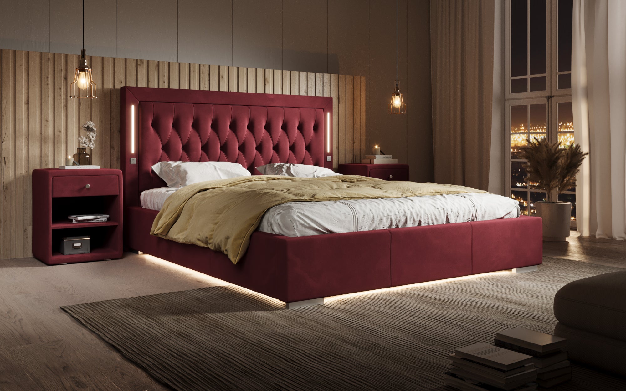 Designer gestoffeerd bed Relina inclusief RGB, USB en opbergruimte