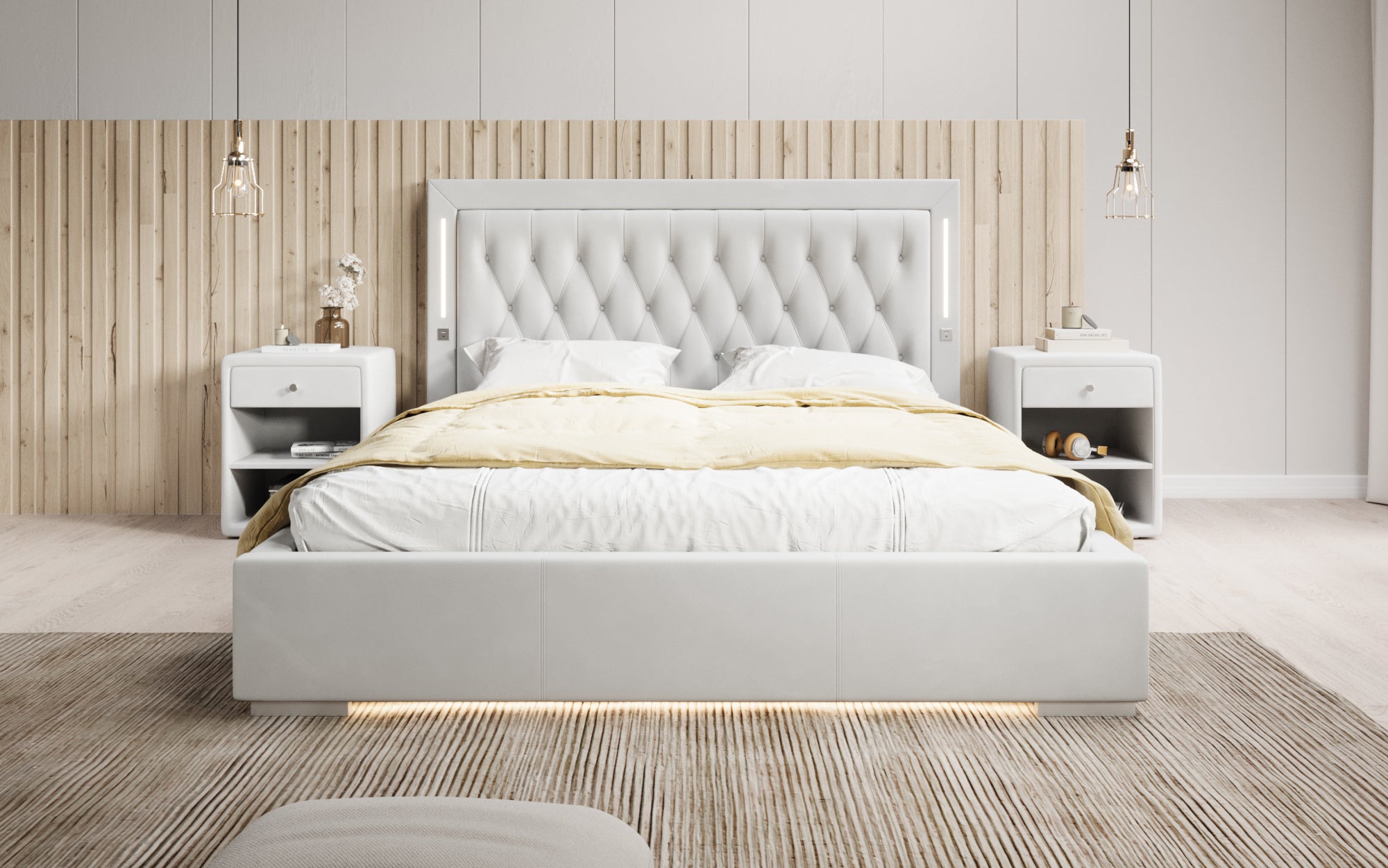 Designer gestoffeerd bed Relina inclusief RGB, USB en opbergruimte