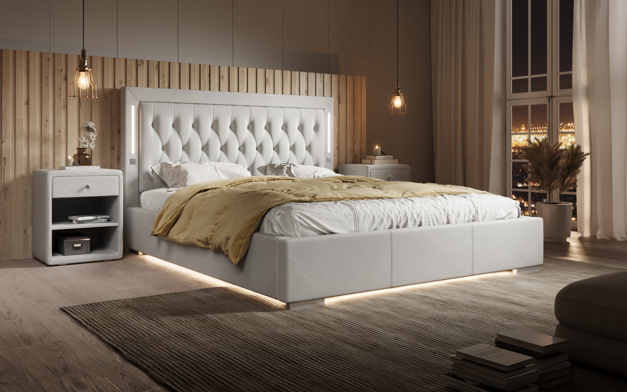 Designer gestoffeerd bed Relina inclusief RGB, USB en opbergruimte