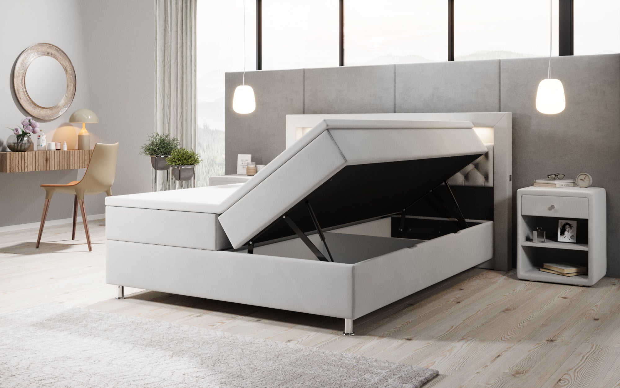 Boxspringbett Troja mit RGB, USB und Stauraum