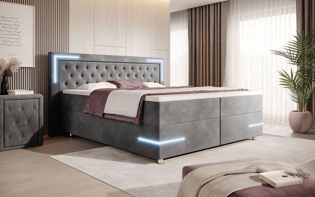 Boxspringbett Carlotta mit LED, Stauraum und USB (Samt) - Luxusbetten24