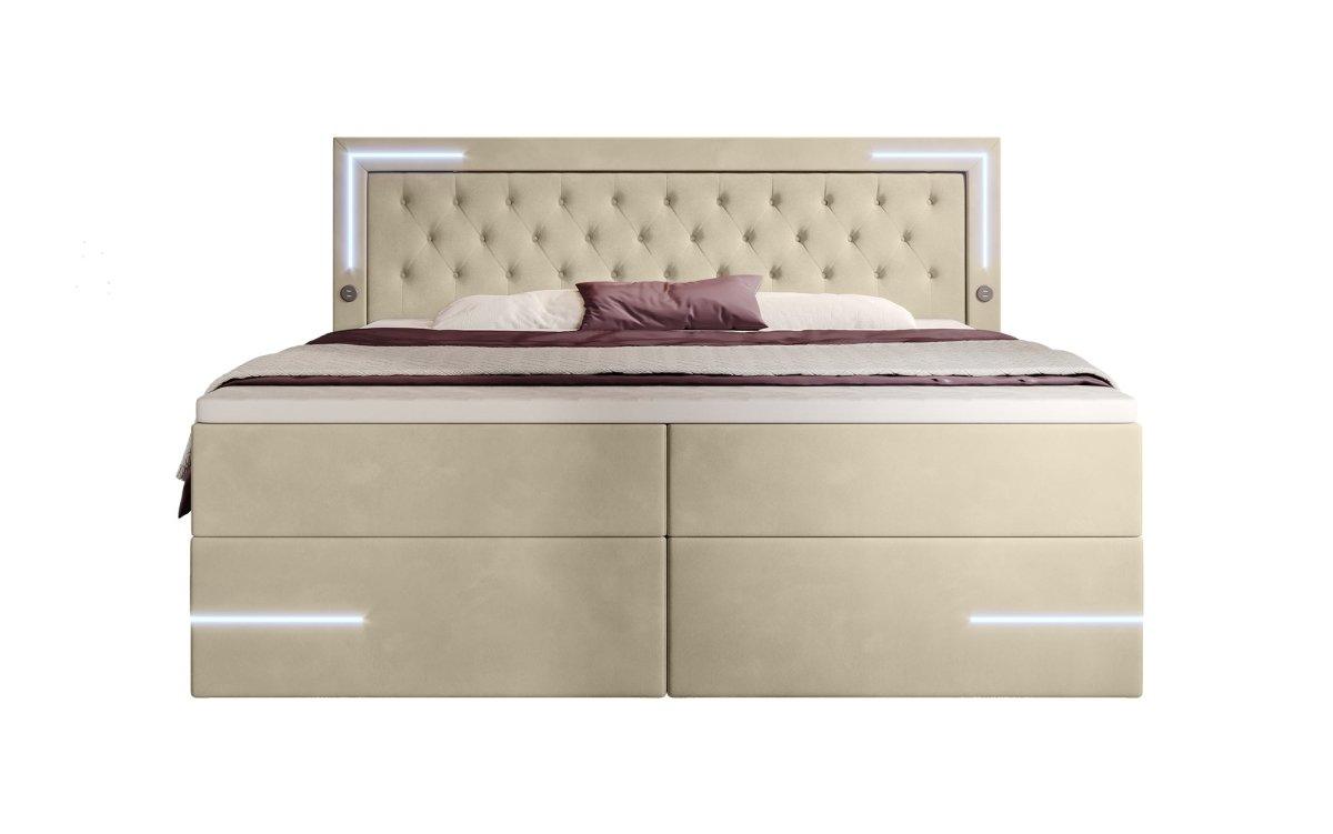 Boxspringbett Carlotta mit LED, Stauraum und USB (Samt) - Luxusbetten24