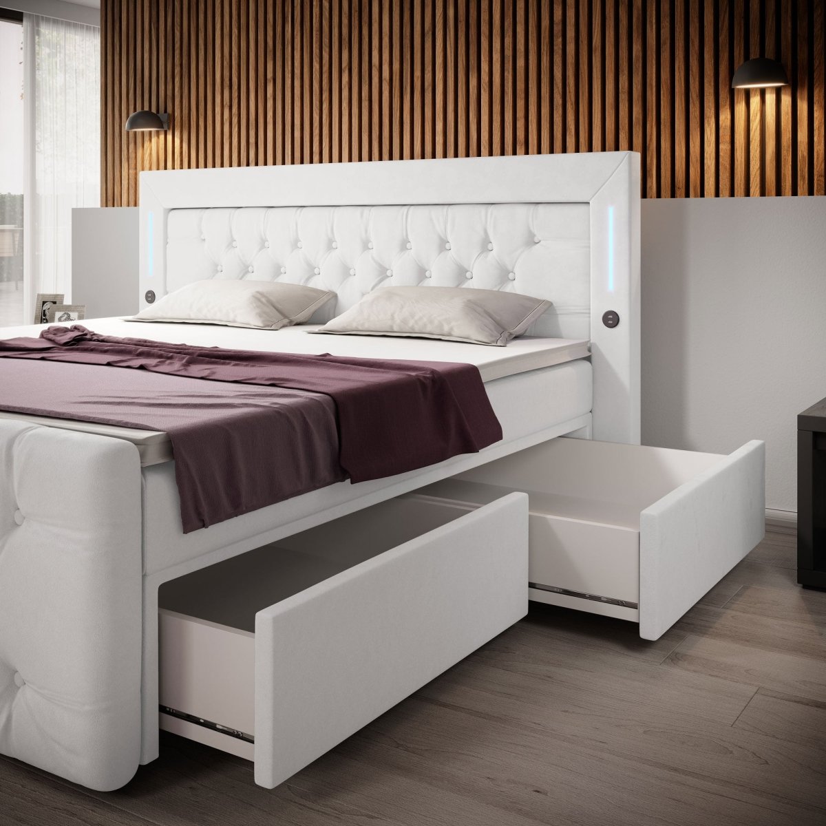 Boxspringbett Charme mit LED, USB und Stauraum (4 Schubladen) - Luxusbetten24