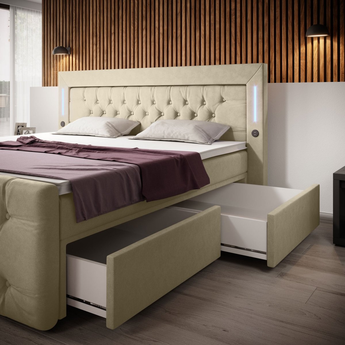 Boxspringbett Charme mit LED, USB und Stauraum (4 Schubladen) - Luxusbetten24