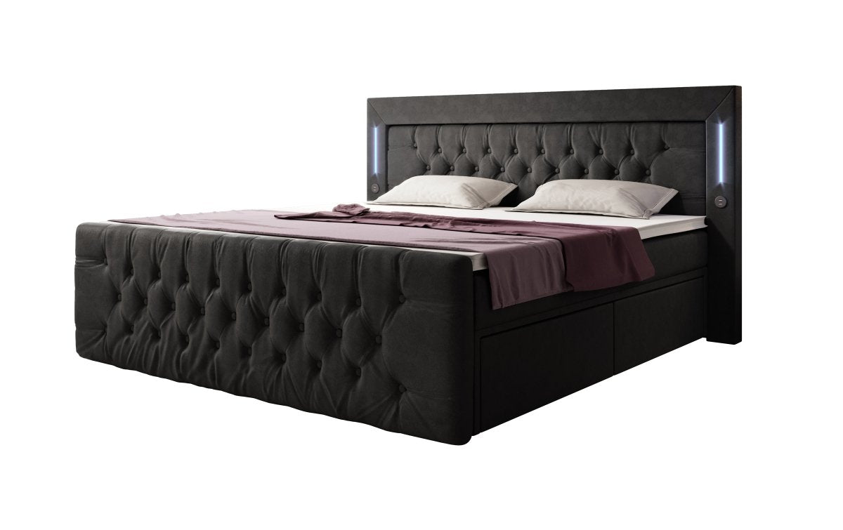 Boxspringbett Charme mit LED, USB und Stauraum (4 Schubladen) - Luxusbetten24