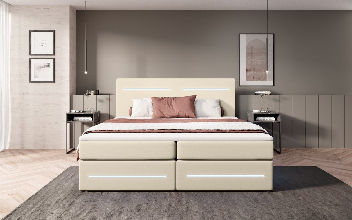 Boxspringbett Evelyn mit Stauraum und LED (Kunstleder) - Luxusbetten24