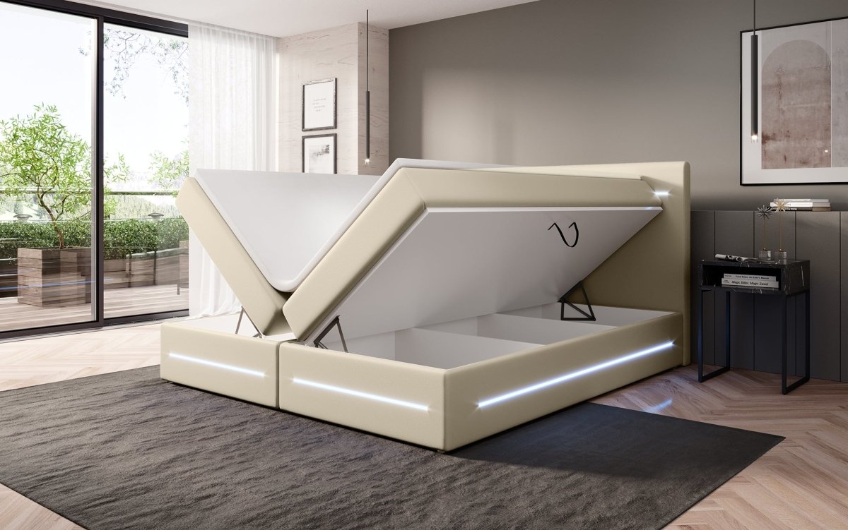 Boxspringbett Evelyn mit Stauraum und LED (Kunstleder) - Luxusbetten24