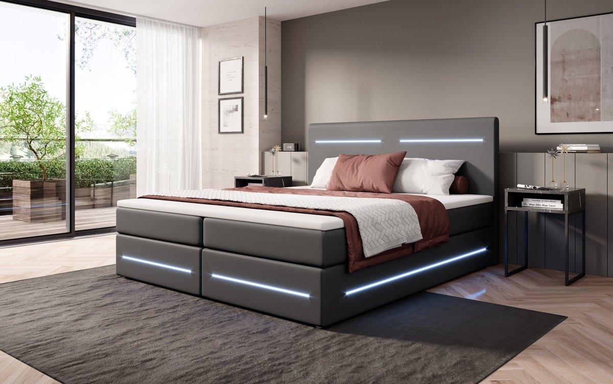 Boxspringbett Evelyn mit Stauraum und LED (Kunstleder) - Luxusbetten24