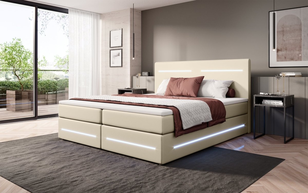 Boxspringbett Evelyn mit Stauraum und LED (Kunstleder) - Luxusbetten24