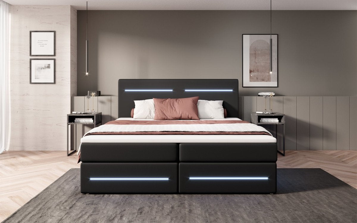 Boxspringbett Evelyn mit Stauraum und LED (Kunstleder) - Luxusbetten24