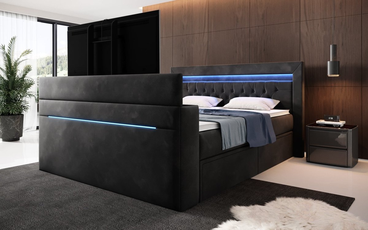 Boxspringbett Jupiter mit TV Lift, RGB und Stauraum - Luxusbetten24