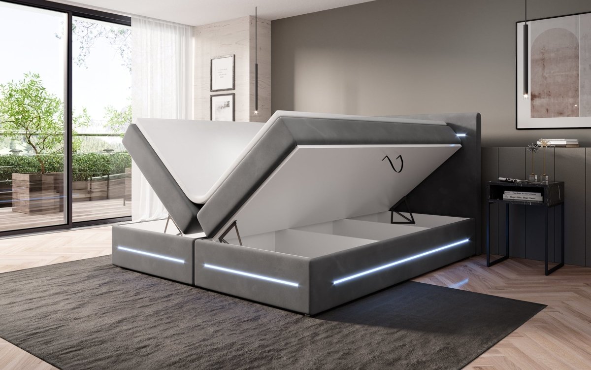 Boxspringbett Lara mit Stauraum und LED (Samt) - Luxusbetten24